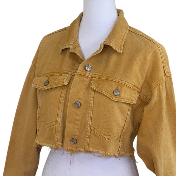 PacSun Mustard Yellow Cropped Jean Jacket Women’s Sz XS Raw Frayed Hem Denim - Picture 6 of 14